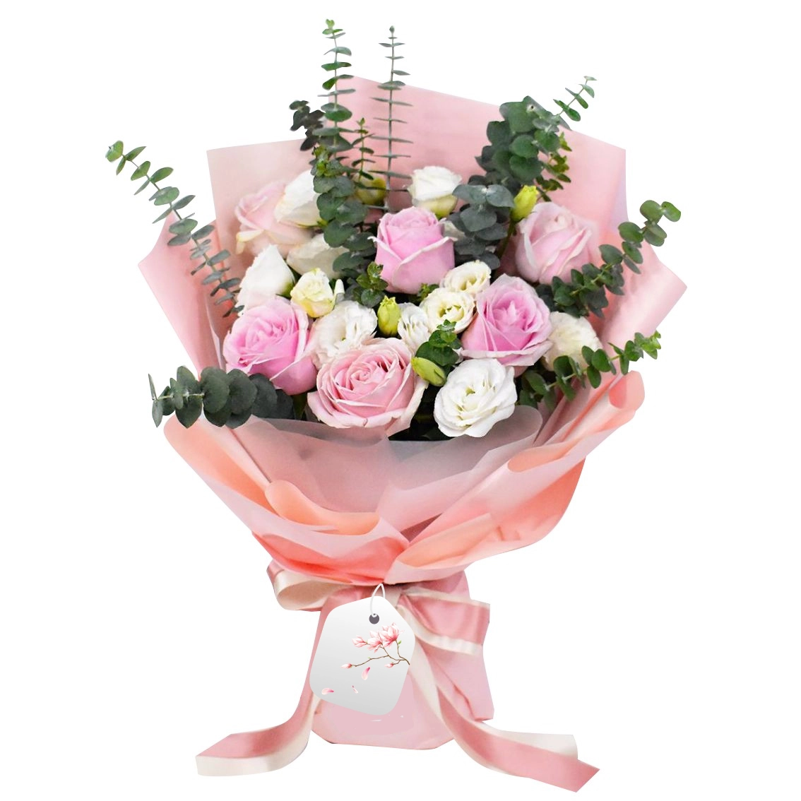 Pink buket - 7 roze ruža i 2 grane belih lizijantusa